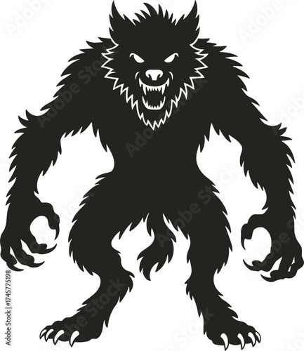 Fierce werewolf monster illustration with claws and fangs on transparent background silhouette