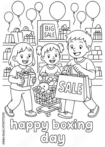 coloring book kids with trolley and shopping bags at big sale on boxing day
