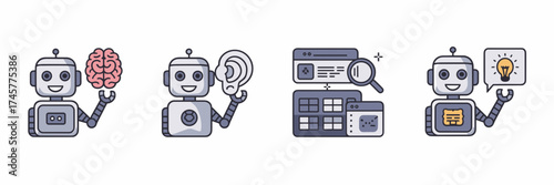 Flat vector icon sheet of AI process icons – Great for prompt design, dataset curation, or AI workflow illustrations.