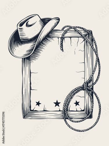 Western Black and White Hand-Drawn Poster Frame with Cowboy Hat, Lasso Rope, Stars, Parchment Texture, Vector Line Art isolated on White Background