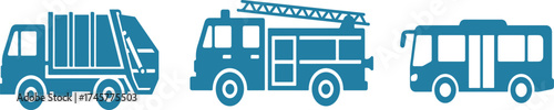 Collection of blue vehicle icons including garbage truck fire engine and bus garbage truck icon