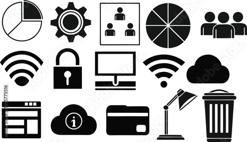 Assortment of Business and Technology Icons in Black Silhouette Keywords: business, technology, icons, silhouette, pie chart, gear
