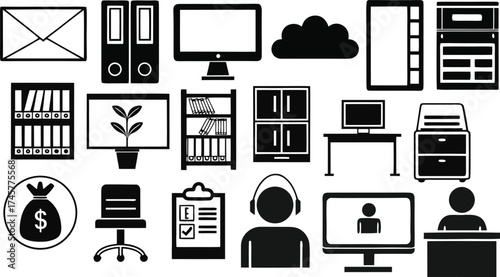 Collection of Office and Business Related Icons in Black Silhouette Keywords: office, business, icons, silhouette, envelope