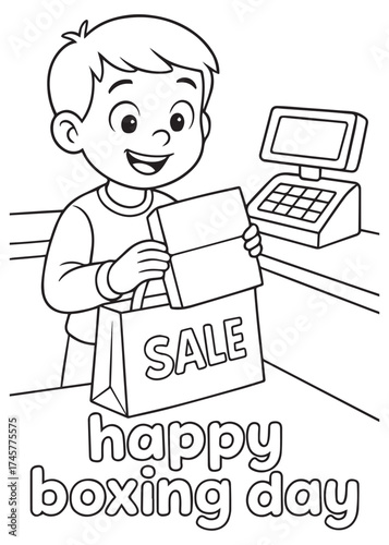coloring book boy holding shopping bag at cashier on boxing day