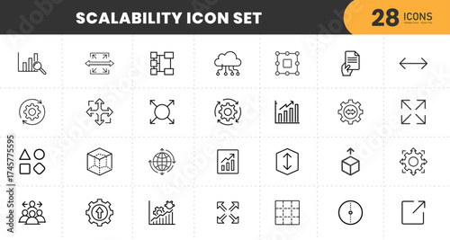 Scalability icon set with business growth, cloud computing, data analysis, process optimization, performance, expansion, technology, development, and strategy with transparent Background.