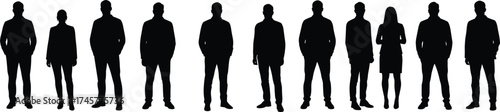 Group of business people silhouettes standing in a row – diverse professionals in formal attire, black vector human silhouettes