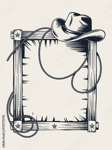 Western Black and White Hand-Drawn Poster Frame with Cowboy Hat, Lasso Rope, Stars, Parchment Texture, Vector Line Art isolated on White Background
