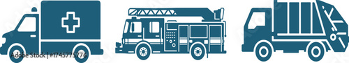 Emergency Vehicle Icons Ambulance Fire Truck and Garbage Truck in Blue service vehicle