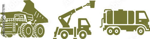 Heavy Duty Construction and Industrial Vehicle Icons in Olive Green truck dump truck