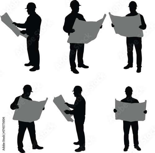 Construction workers silhouette, engineers planning, architects reviewing blueprints, teamwork collaboration, project management, building site inspection, industrial safety, construction planning