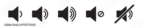 Sound volume icons set with different signal levels on white background. Аn icon that increases and reduces the sound. Speaker icon set. volume icon vector. loudspeaker icon vector. design eps 10
