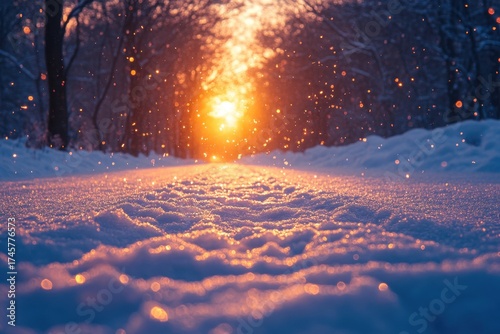 Sun shining through snowy path.