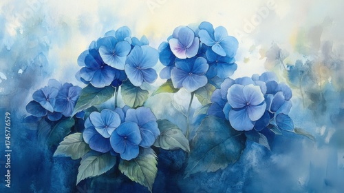 Wallpaper Mural loose watercolor painting of hydrangea macrophylla flowers in various shades of blue, soft textured backdrop Torontodigital.ca