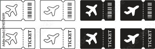 Air tickets vector icon set. Modern air tickets stack with airplane icon for travel and transportation concepts. Boarding pass and flight ticket voucher signs isolated on transparent background.