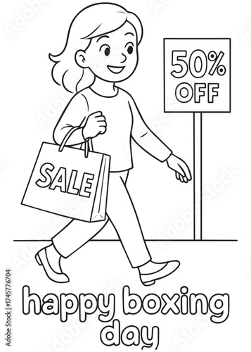 coloring book girl walking with sale bag and 50% off sign on boxing day