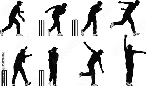 Cricket bowler action sequence, silhouette sports illustration, bowling technique stages, cricket coaching concept, athletic movement, stumps, training guide, dynamic motion, fitness