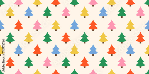 Seamless pattern with red, green, blue, and yellow Christmas trees on a light background. Festive New Year design for wrapping paper, textiles, greeting cards, wallpapers and seasonal xmas projects.