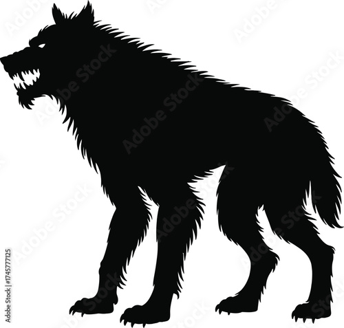 A fierce black wolf head and shoulders silhouette on transparent background