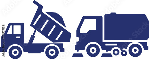 Two Dark Blue Truck Silhouettes One Tipper Truck and One Street Sweeper dump truck