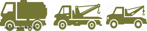 Tow Trucks and Fuel Tanker Truck Icons in Olive Green wrecker vehicle