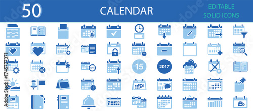 Calendar solid fill icons set of 50. Date, schedule, event, reminder, clock, planner, deadline, meeting, and time management. Editable glyph icon collection for productivity and organization.