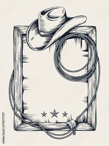 Western Black and White Hand-Drawn Poster Frame with Cowboy Hat, Lasso Rope, Stars, Parchment Texture, Vector Line Art isolated on White Background