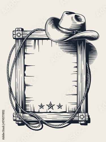 Western Black and White Hand-Drawn Poster Frame with Cowboy Hat, Lasso Rope, Stars, Parchment Texture, Vector Line Art isolated on White Background