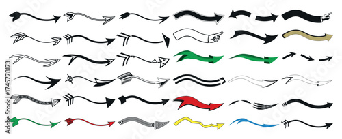 Diverse wave arrows collection, wave arrows, vector arrows, arrow brushes set, directional arrows
