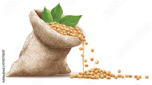 Soybeans Harvest: Fresh beans pouring into burlap sack - Agriculture Food