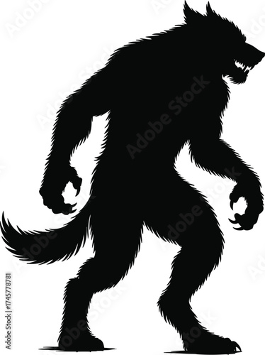 Detailed werewolf figure in a dynamic pose on transparent background silhouette