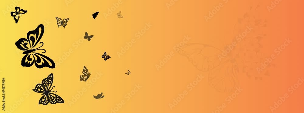 4K panoramic animated banner featuring black perforated butterflies flying over an orange background, with one large faded butterfly and empty copy space for text or logo placement.