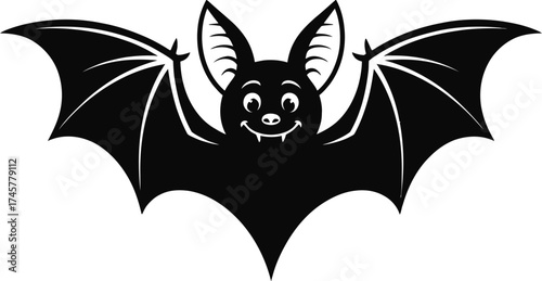 Charming black bat illustration with outstretched wings on transparent background silhouette