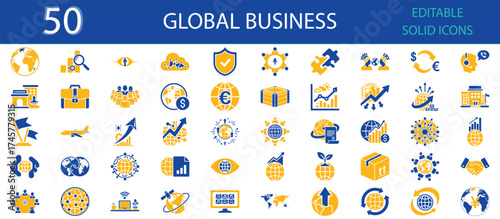 Global Business solid fill icons set of 50. Editable glyph vector illustrations showing worldwide finance, trade, logistics, teamwork, export, currency, and corporate globalization concepts