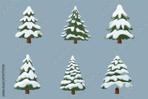 Collection of snow covered pine trees in winter forest landscape vector illustration