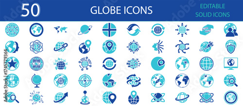 Globe solid fill icons set of 50. Editable glyph vector symbols for world map, planet, earth connection, location, orbit, global network, satellite, geography, navigation, and worldwide concepts