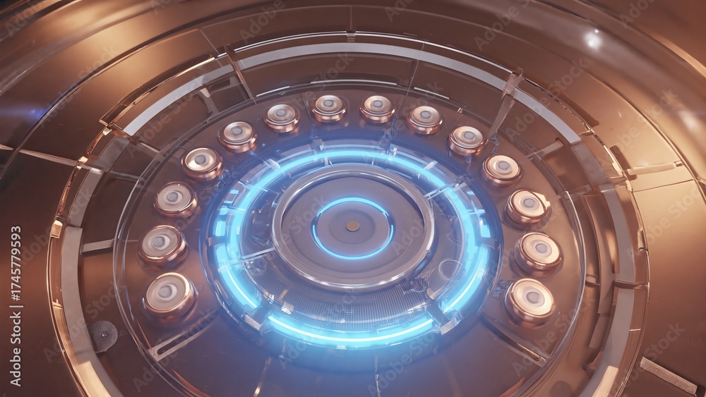 Naklejka premium Sci-Fi Style Glowing Energy Core Surrounded By Circular Modules. Futuristic Concept Technology Interface