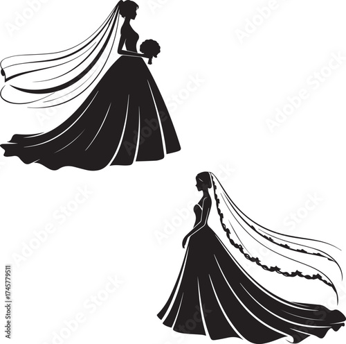 Bride Silhouette Vector – Elegant Wedding Dress and Veil Illustration Design