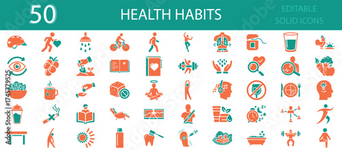 Health Habits solid fill icons set of 50. Editable glyph vector pack for wellness, nutrition, exercise, meditation, healthy lifestyle, hygiene, sleep, hydration, fitness, and daily routine concepts
