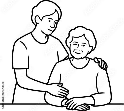 Line art of caregiver assisting senior woman isolated on white background