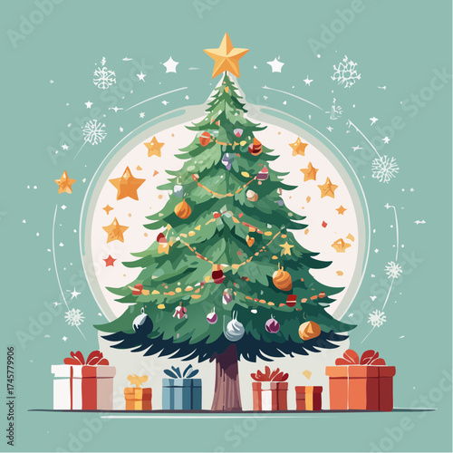 Christmas tree with gifts and moonlit background
