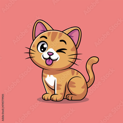 Adorable cartoon tabby cat winking and sticking its tongue out, perfect for kids' illustrations, pet products, or humorous designs; playful charm