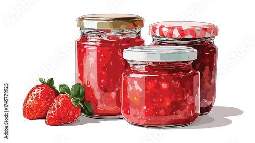 Delicious Sweet Strawberry Fudge Berry Jam Jars with Fresh Strawberries - Food