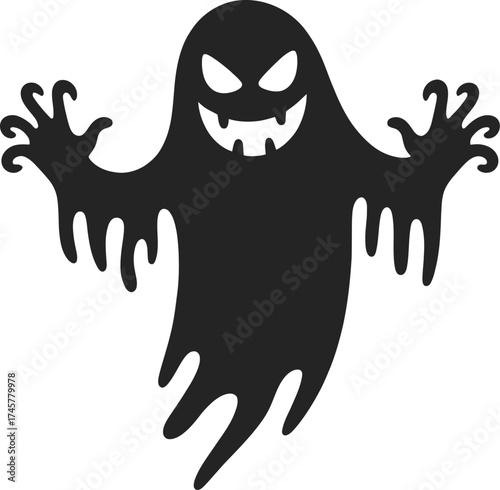 Spooky black ghost illustration with outstretched arms on transparent background silhouette