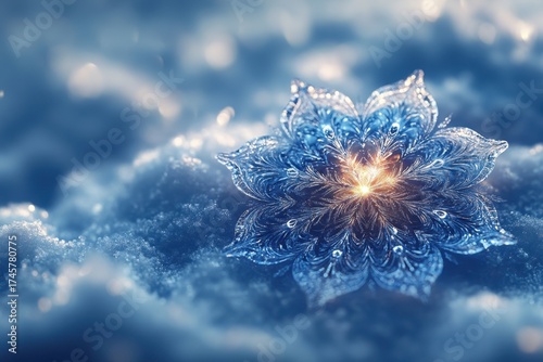 Snowflakes falling on a snow-covered forest floor.