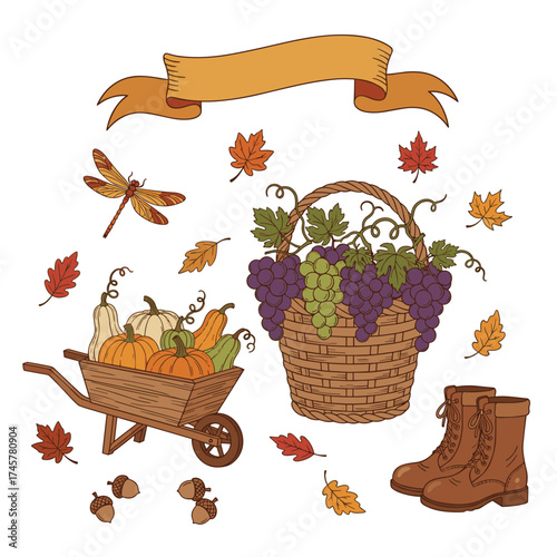 Illustration of autumn garden harvesting tools and plants, featuring gardening, farming, eco-friendly living, and an autumn wheelbarrow decoration