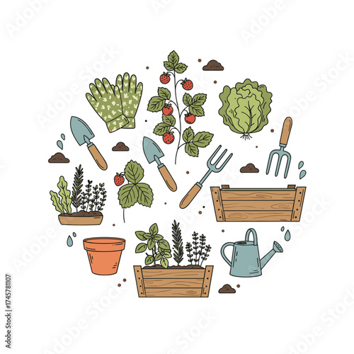 A hand‑drawn vector illustration of a collection of wooden garden boxes, tools, and pots filled with plants and vegetables, depicting gardening and growing healthy food at home or on a balcony