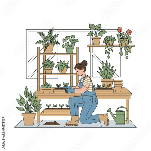 A woman gardener tending plants and vegetables in flowerpots and bedding on her balcony or patio, watering seedlings, while showcasing an urban apartment gardening banner and using seeds in paper