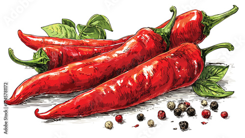 Vibrant Red Chili Peppers with Peppercorns in Spicy Food Illustration