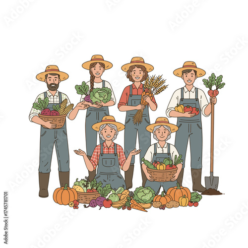 Illustration of farm workers in work clothes holding fresh vegetables and tools, depicting farming and harvesting for mobile and web graphics