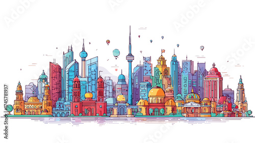 Modern Vibrant Cityscape Architecture Travel Landmarks Illustration